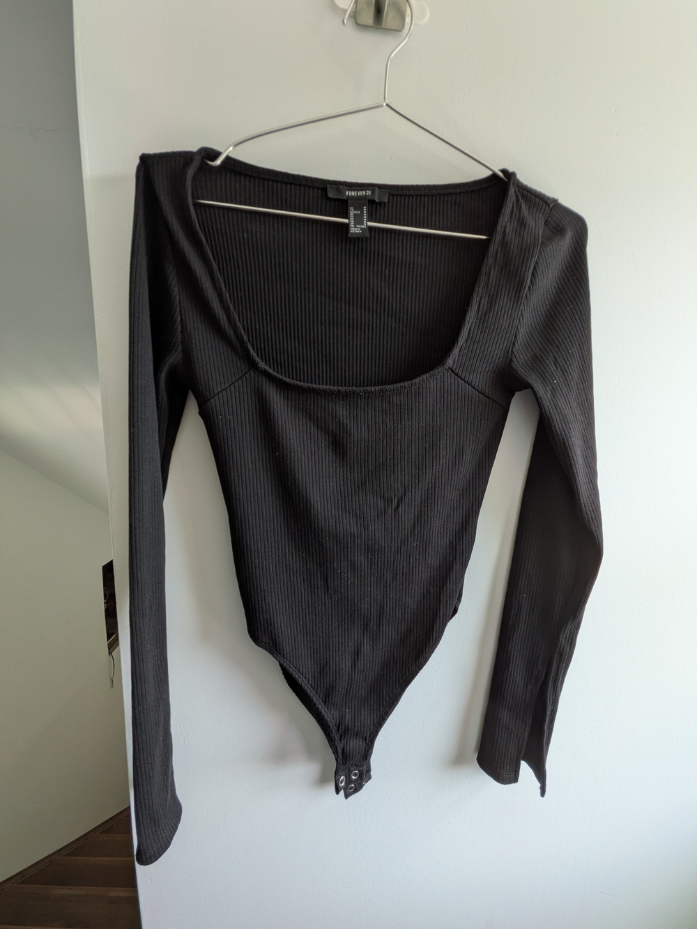 Forever 21 Black Ribbed Long Sleeve Scoop Bodysuit